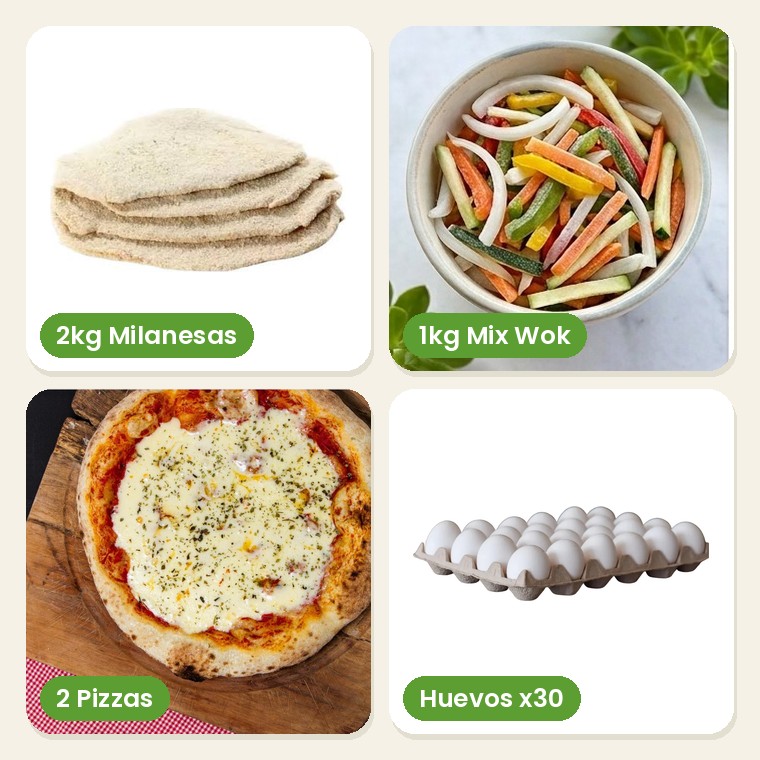 Combo Familiar: milanesa de pollo, mix para wok, pizzas y huevos
